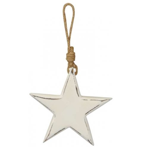 A rustic inspired wooden star complete with a chunky rope hanger 