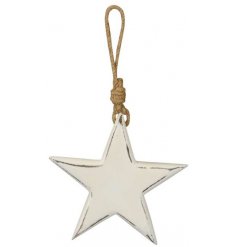 A small wooden star set with a distressed white toned finish and chunky rope hanger for a rustic touch 