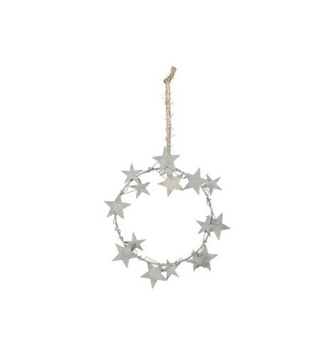 A decorative metal wreath decorated with rustic grey stars surrounding it, hung from a jute string 