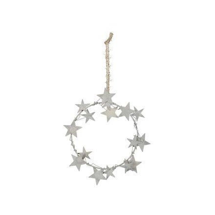 Grey Wire Wreath With Stars, 21cm 