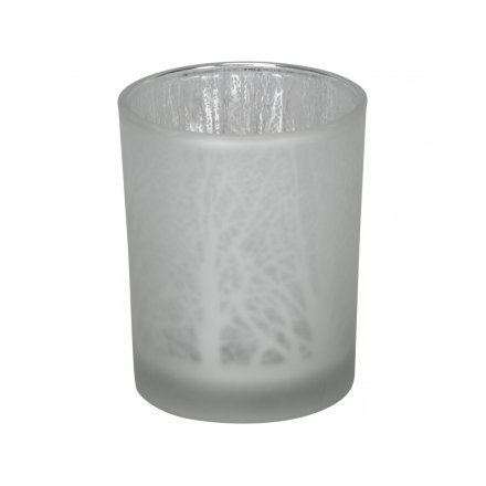 12.5cm Frosted Glass Tlight Holder - Silver Tree 