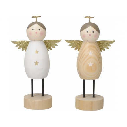 Wooden Angels With Gold Wings, 11cm 