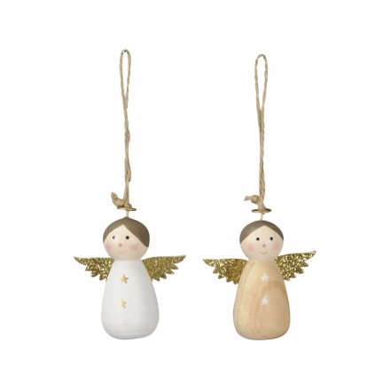 Wooden Angel Hangers With Gold Wings, 6cm 