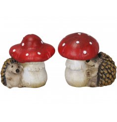 An adorable assortment of small hedgehog ornaments, complete with charming toadstools