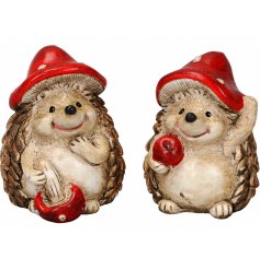 An adorable assortment of small hedgehog ornaments, complete with charming toadstool hats!