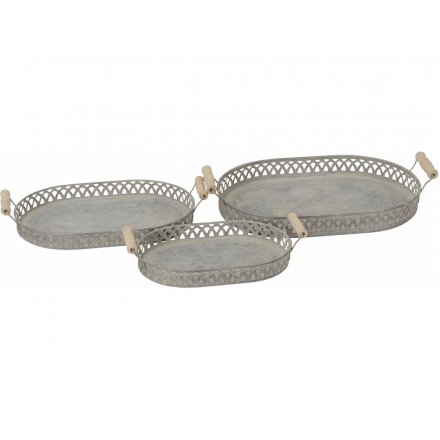Set Of 3 Rustic Grey Trays, Oval  