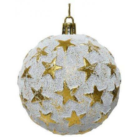 A stunning shatterproof bauble set with a tarnished white coating and bold gold stars 