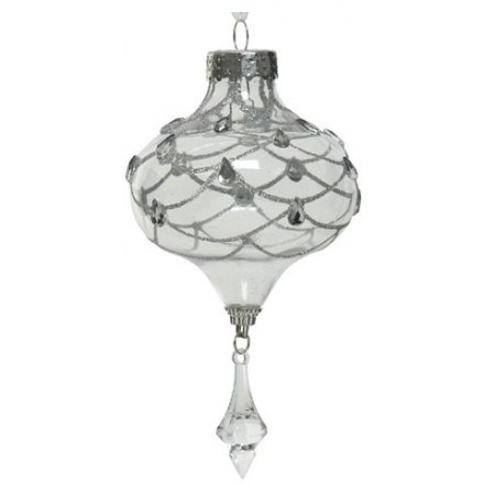 A tear drop shaped bauble set with glittery scalloped design and hanging acrylic crystal