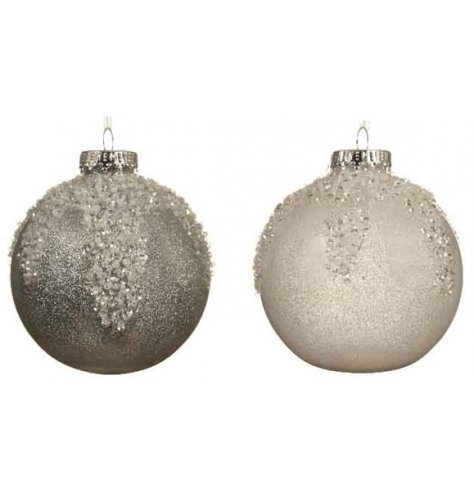 A mix of ice inspired shatterproof baubles, both complete with glitzy sequin finish 