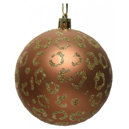 A shatterproof bauble with a bronze toned based Shatterproof Baubles with glitzy leopard to finish