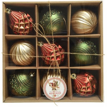 A box of mixed baubles with traditional red and green tones, each set with stunning patterns and decals 
