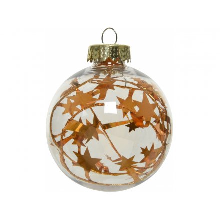 A stunning clear glass bauble, decorated with a gold star inner decal 