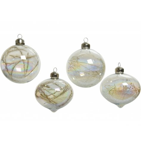 A stunning mix of iridescent coated glass baubles, each filled with natural dried grasses 