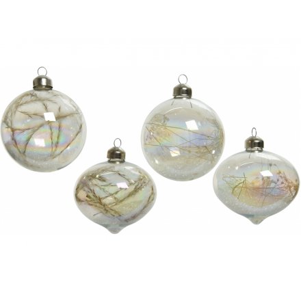 An assortment of 4 glass baubles in a mix of shaped, each set with an iridescent coating and filled with dried grasses 