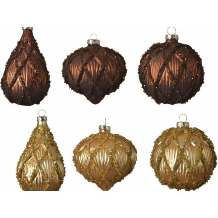 A mix of assorted shaped and coloured hanging glass baubles, each set with a stunning glittery patterned decal 
