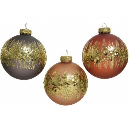 A stunning mix of coloured glass baubles, each set with a glittery decal and sequin sprinkle 