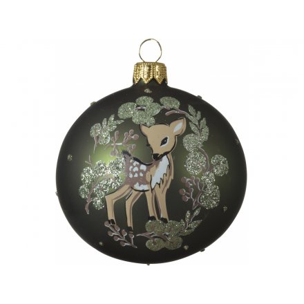Green Glass Bauble With Deer, 8cm 
