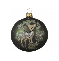 Perfect for bringing a pop of colour to your tree at Christmas Time, a deep green glass bauble with a printed deer decal