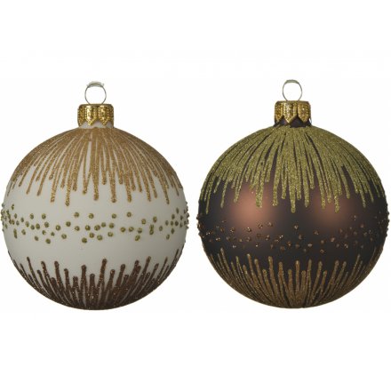 A sleek mix of glass baubles, bot decorated with golden glitter decals and smooth set base tones