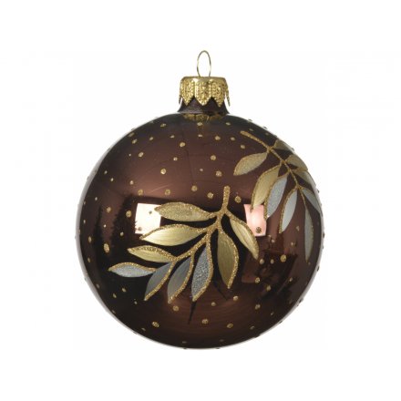 Shiny Brown Bauble With Leaf Print, 8cm 