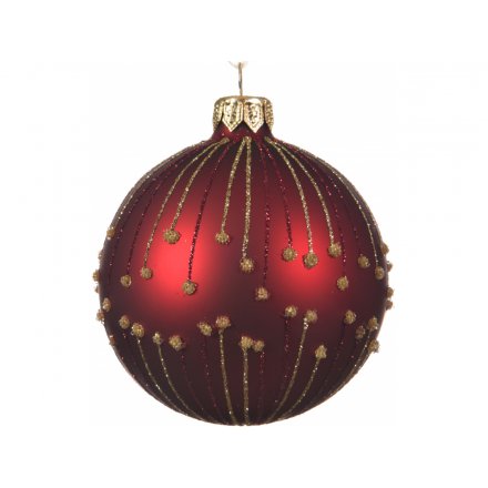 Red Bauble With Glitter Trims, 8cm 