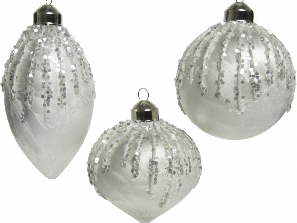 White Glass Baubles With Glitter Christmas Decorations / Baubles