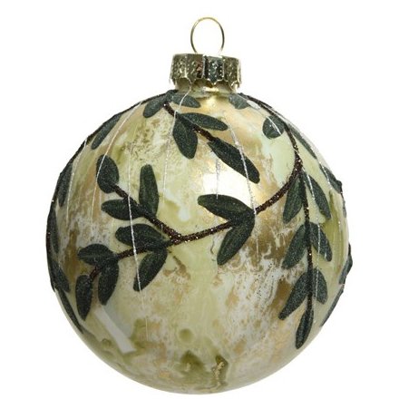 A beautiful greenery inspired glass bauble with added glitter trims and organza ribbon hanger 