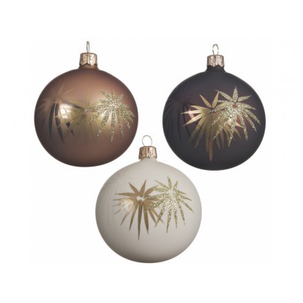 A mix of Bronze, Brown and White base toned glass baubles. Each featuring a beautiful spiked foliage printed finish 