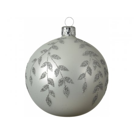 White and Glitter Leaf Bauble, 8cm 