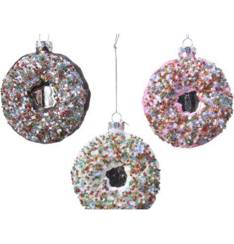 A tasty looking mix of glass donut hanging decorations, each decorated with a sprinkle of glitter! 
