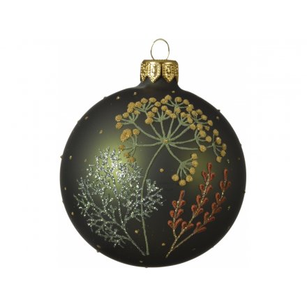 Floral Glitter Green Bauble, 8cm 