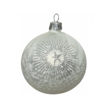 Frosted White Glass Bauble, 8cm 