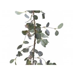 Sure to bring a beautiful hint to any home space at Christmas, a long garland with a eucalyptus foliage and frosted fini