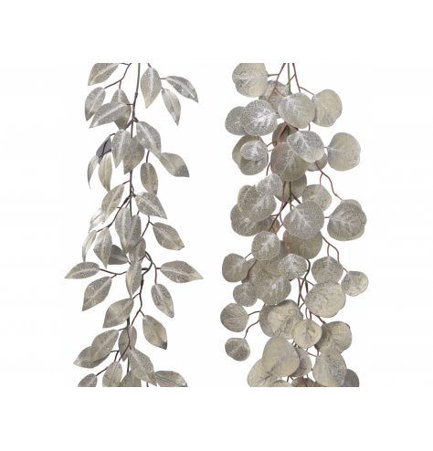 A mix of assorted leaf based garlands with silver tones and added shimmery glitter 