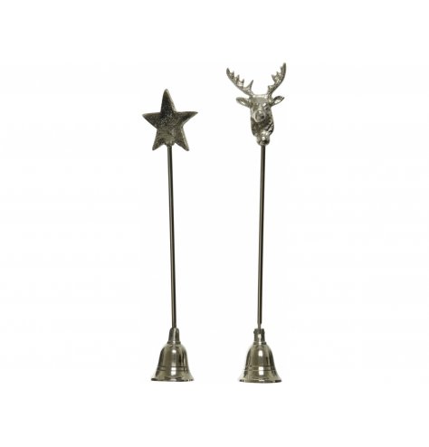 A mix of decorated candle snuffers with rustic tones and a star and stag decal 