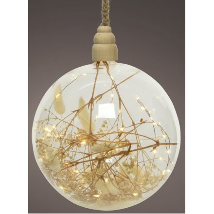 Clear Bauble With LEDs and Dried Grass 