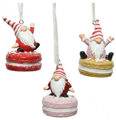 Tasty looking macaroon hangers, each decorated with a perched gonk figure and added christmas glitter 