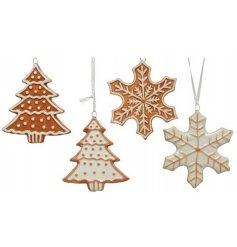 An assortment of cookie themed tree and snowflake hangers