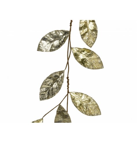 A golden toned fabric leaf garland with a sprinkle of glitter to add a dazzling finish 