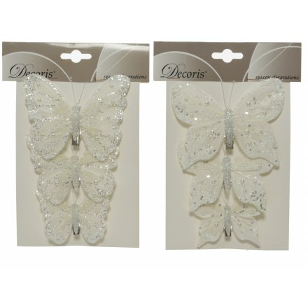 Glitter White Butterfly Clips, 18cm