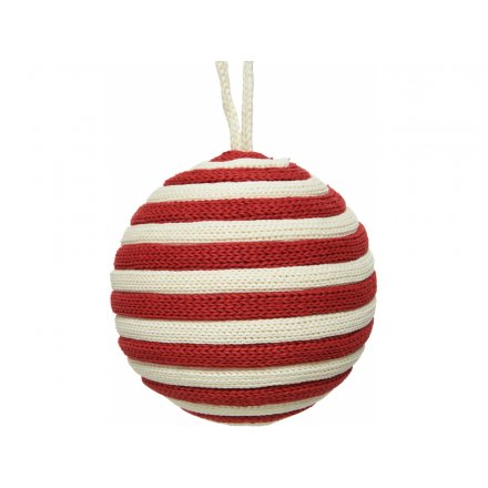 A red and white toned knitted bauble complete with a matching hanger 