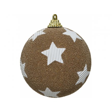 A golden toned foam based bauble with a beaded decal and added star patterning 