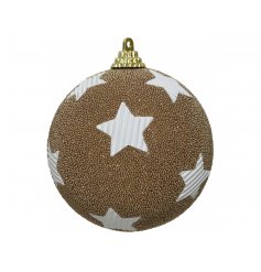 A golden toned foam based bauble with a beaded decal and added star patterning 