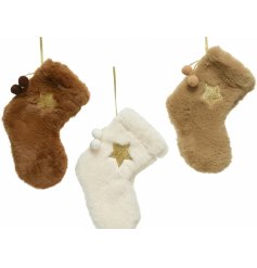 An assortment of mini hanging stockings covered in coloured faux fur trims 
