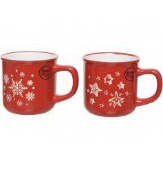 A festive mix of bright red ceramic mugs, both set with a starry and snowflake inspired decal 