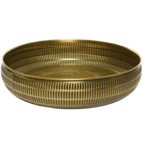 A tarnished gold toned metal bowl featuring a hammered edging, perfect for decorative use on table centres 