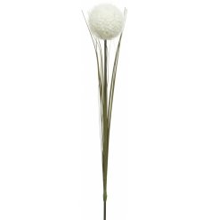 A simple floral stem with a puffy white flower on top 