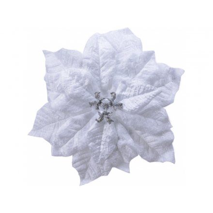 Glitter Poinsettia Flower Clip, White 