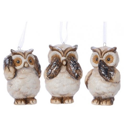 A festive assortment of posed owl hangers with added glittery hints and a woodland feel 