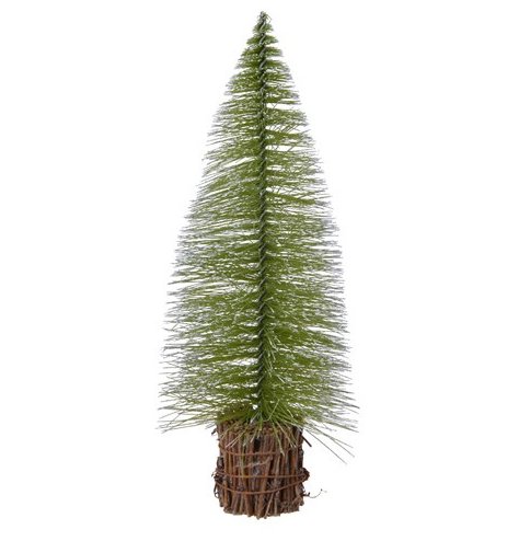 A simple green bristle Christmas tree with a twig base. 